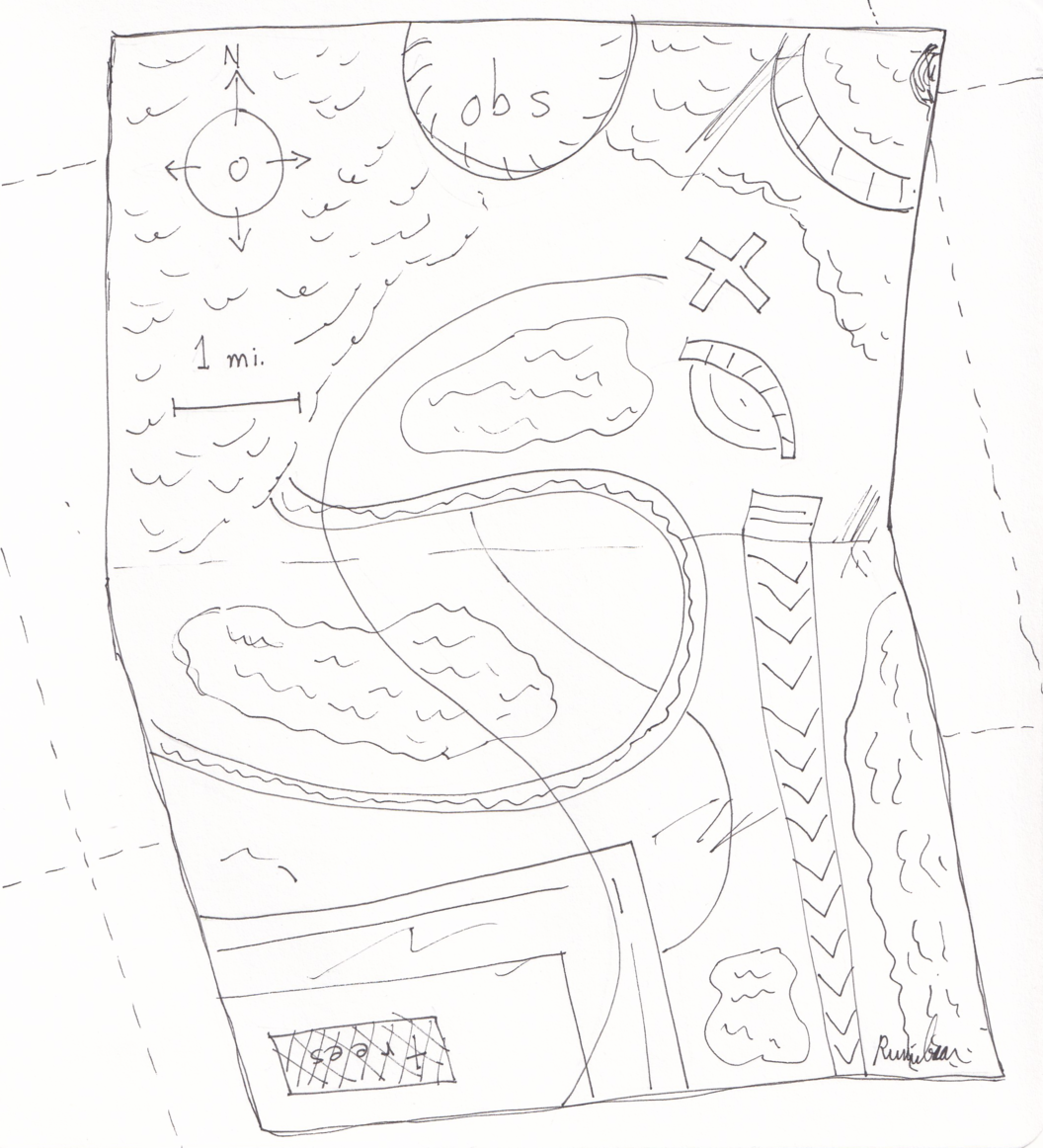 Closer view of the map. In the upper left corner is a simple compass rose. In the middle of the top edge is a round shape with the letters OBS. There's a one-mile scale marker that indicates the area shown is about six miles across. Lines and shapes seem to depict wooded areas and walkways. In the lower left corner is the word TREES upside-down and partially crossed out. In the lower right corner is a small signature, Rumibear.