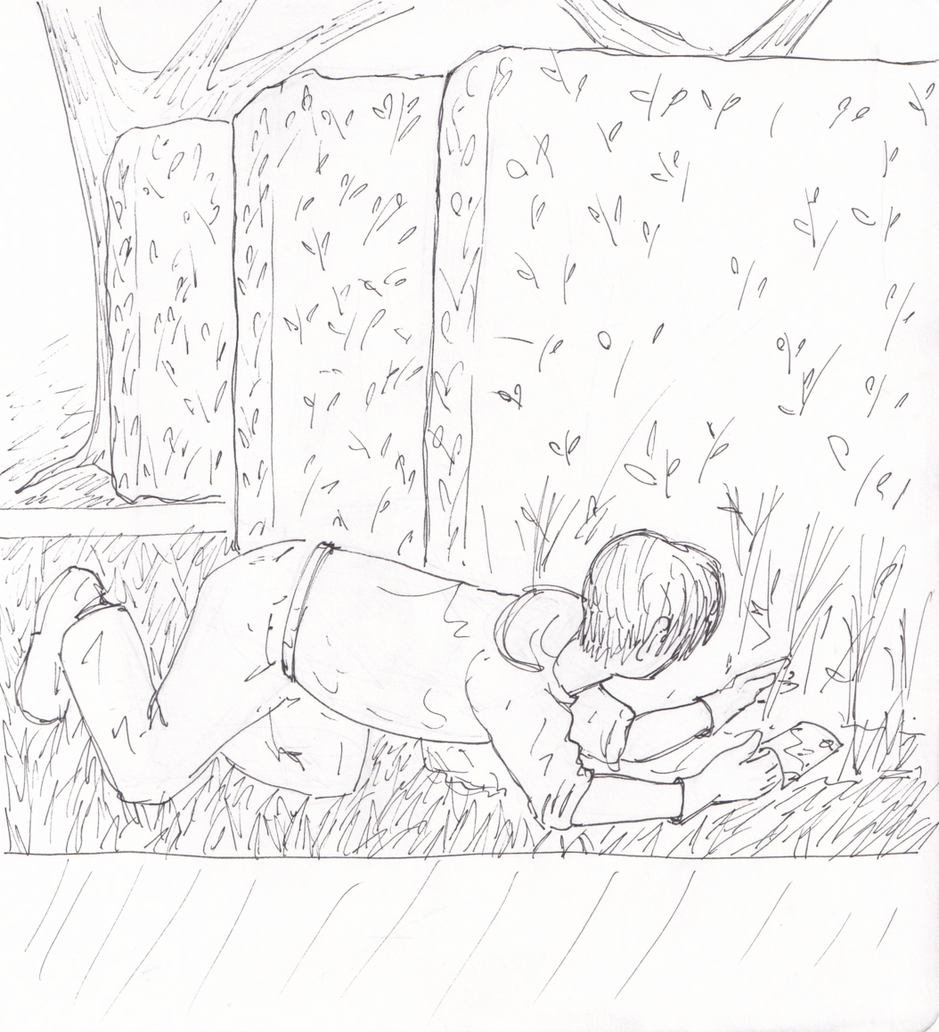 Greg, wearing rubber gloves and holding a small map in one hand, crouched down on his knees and elbows and looking under a large manicured shrub.