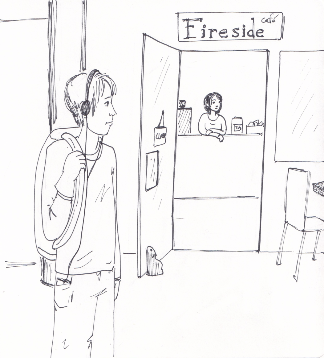 Greg, still wearing his backpack and gloves, stands outside the Fireside Cafe with headphones on and a cassette player in his pocket. Through the open cafe door, Cori the barista -- an androgynous and attractive person with shoulder-length dark hair -- leans on the counter between the register and tip jar. The doorstop holding the door open looks like a small capybara.