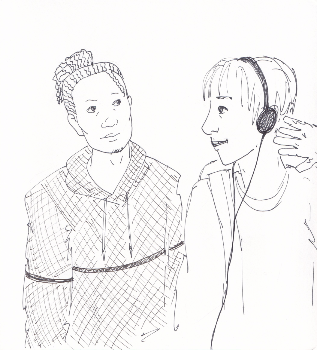 Q Reynolds, mid-twenties, Black, good-looking with braided hair pulled back and a striped hoodie, comes up behind Greg who is moving his headphones aside.