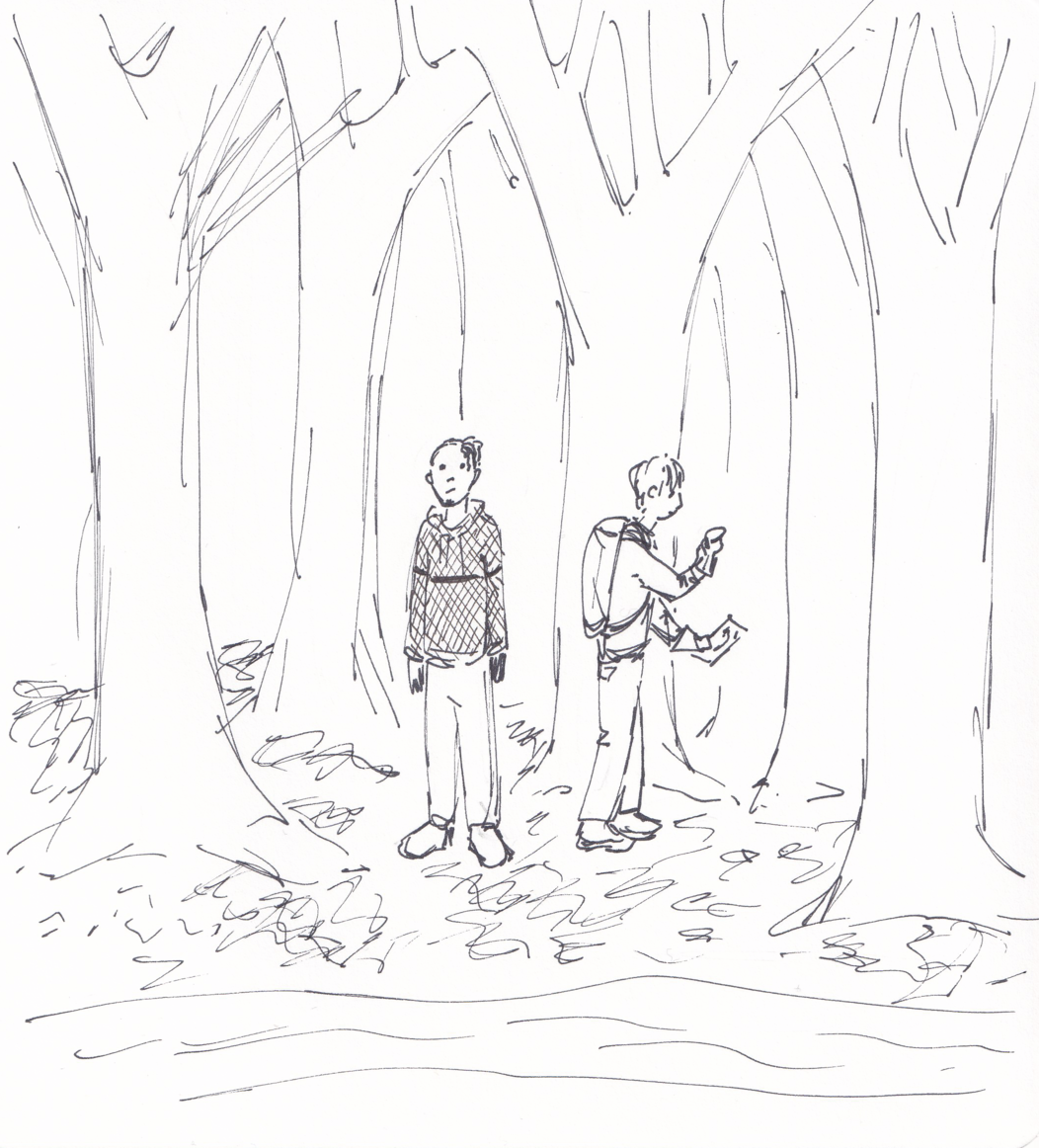 Q and Greg are out in the woods. Q looks around while Greg is looking at a compass he's holding in one hand. He holds the small map in his other hand.