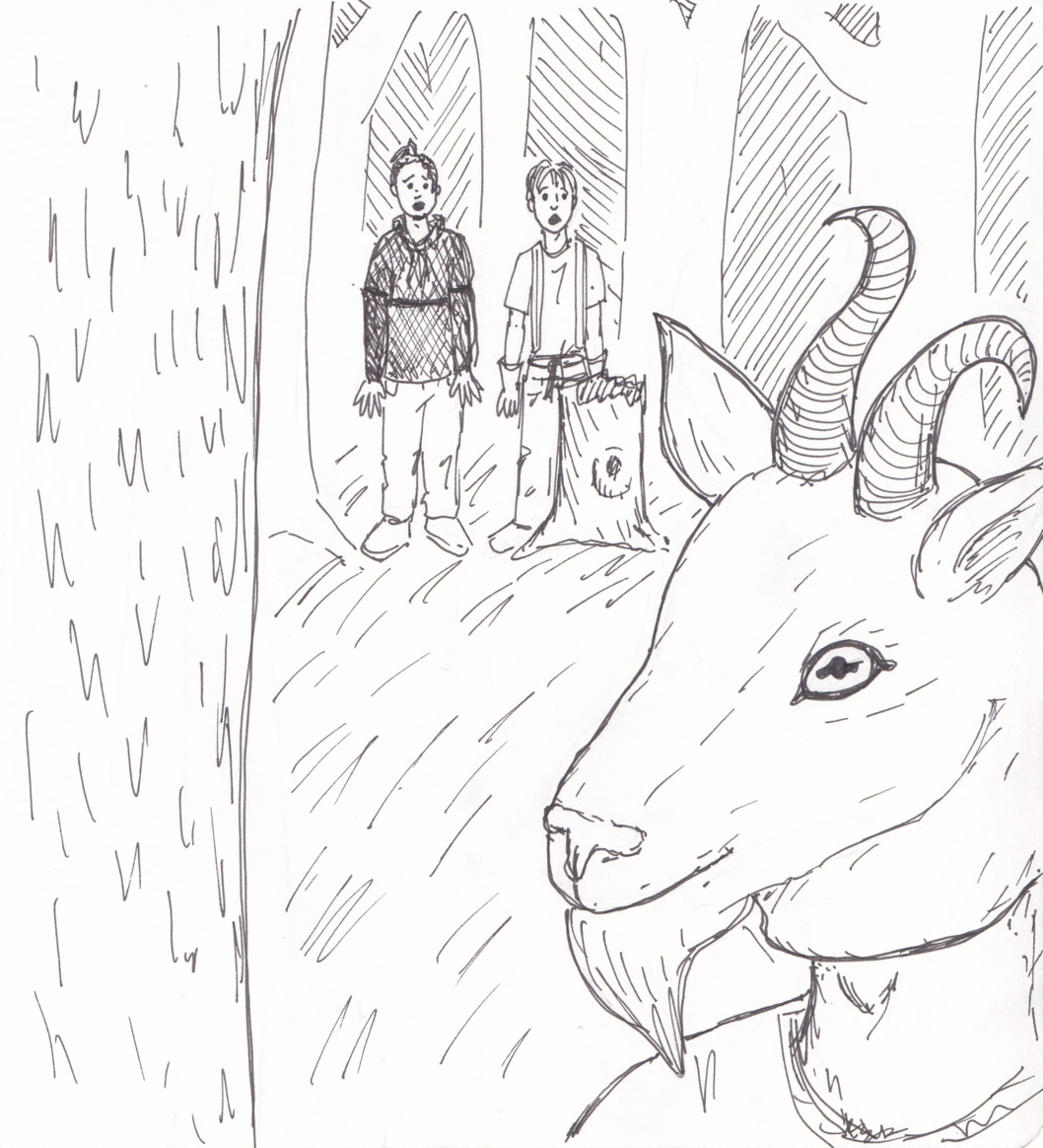 In the background, Q and Greg are both standing now and staring open-mouthed at the figure in the foreground: a man wearing a disturbingly realistic goat-head mask.