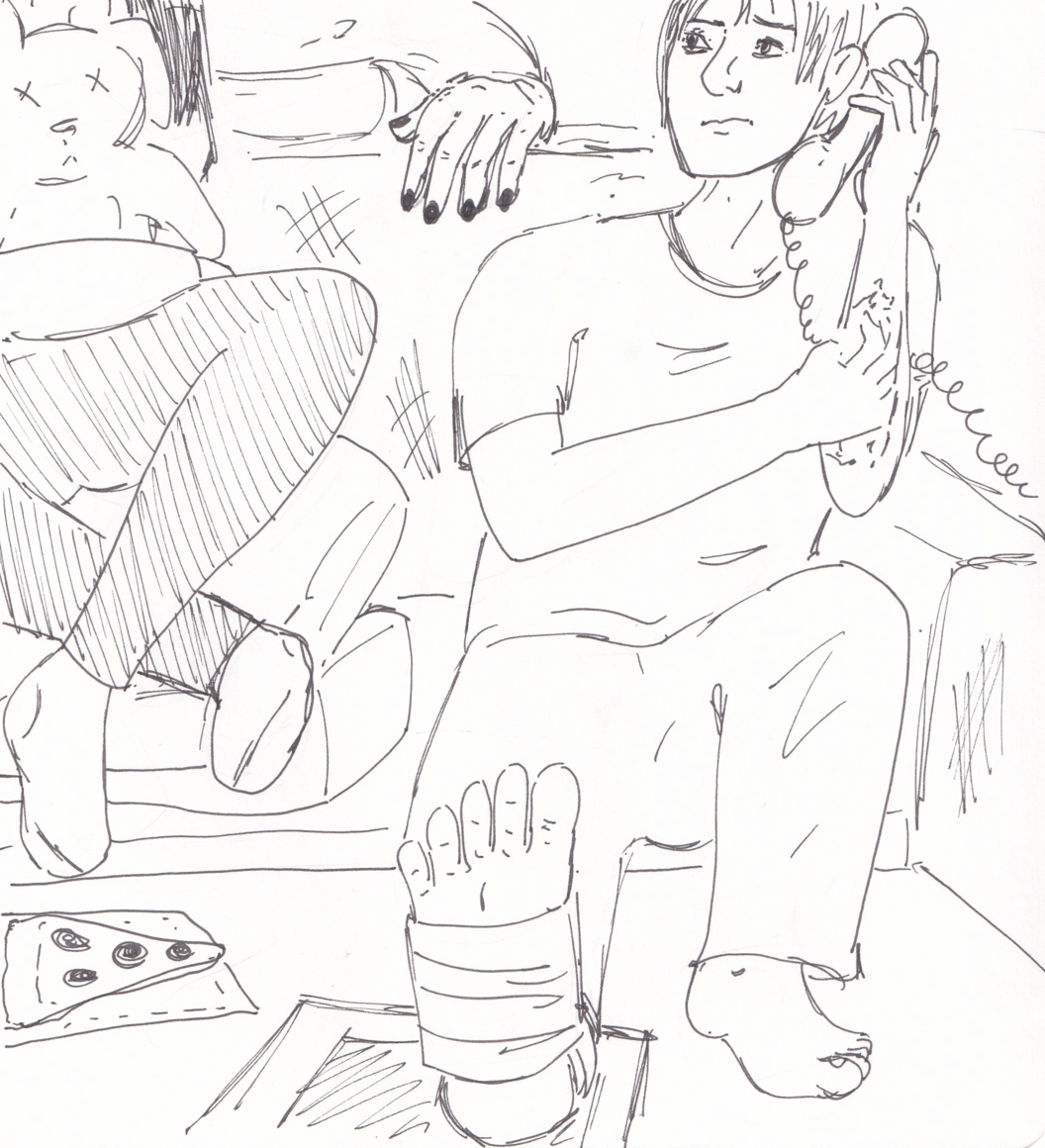 The roommate who was on the floor is now perched on a cushion next to Greg, who pulls away from her with an annoyed expression. She's holding the stuffed rabbit and her hand is way too close to Greg's shoulder for his liking.