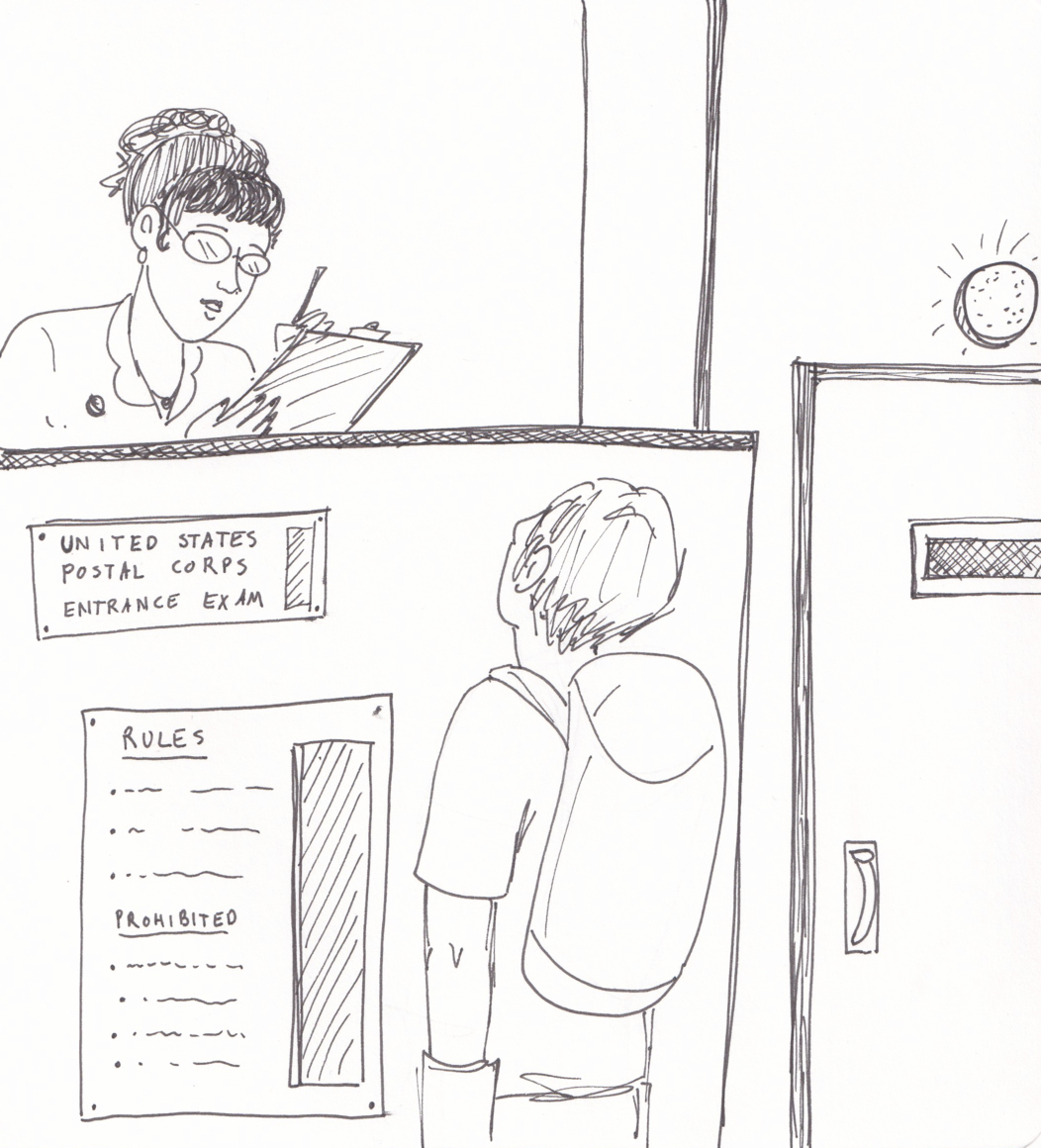 Greg stands looking up at a woman behind an elevated reception desk. On the front of the desk is a sign that says UNITED STATES POSTAL CORPS ENTRANCE EXAM and a list of RULES and PROHIBITED items. The woman is holding a pen and looking at a clipboard. To Greg's right is a secure-looking door with a flashing light above it.